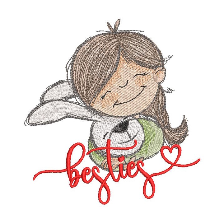 Besties girl and hare embroidery design - Embroidery Design
