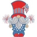 4th of July Gnome Patriotic embroidery design featuring a gnome with red, white, and blue colors and stars.