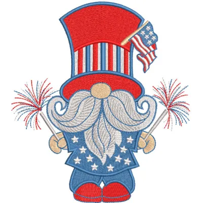 4th of July Gnome Patriotic embroidery design featuring a gnome with red, white, and blue colors and stars.