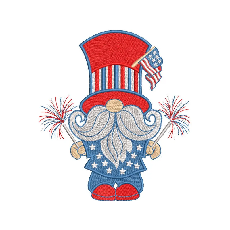 4th of July Gnome Patriotic embroidery design featuring a gnome with red, white, and blue colors and stars.