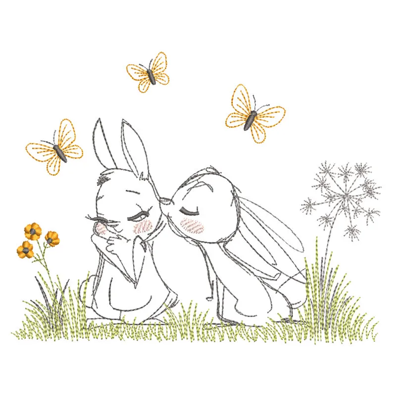 A detailed embroidery design featuring two loving Easter bunnies surrounded by colorful flowers.