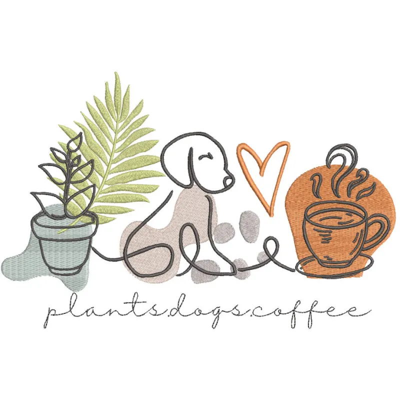 Embroidery design featuring plants, dogs, and coffee, perfect for home hobby enthusiasts.