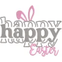 Colorful 'Happy Happy Easter' embroidery design featuring festive elements like eggs and flowers.