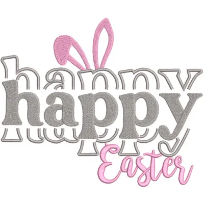 Colorful 'Happy Happy Easter' embroidery design featuring festive elements like eggs and flowers.