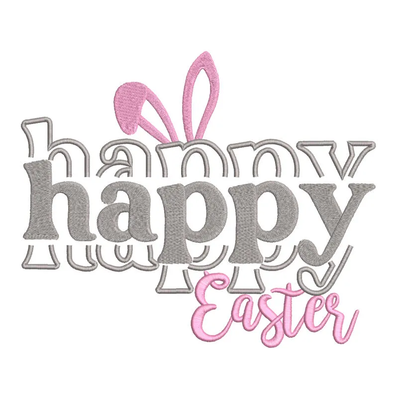 Colorful 'Happy Happy Easter' embroidery design featuring festive elements like eggs and flowers.