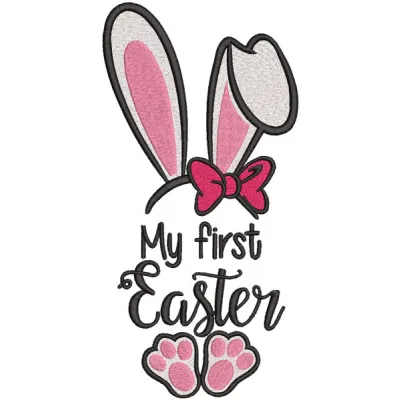 Embroidered bunny ears design for 'My First Easter', featuring soft pastel colors and playful detailing.