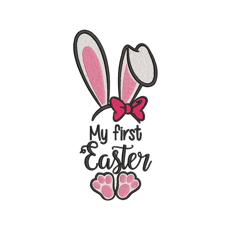 Embroidered bunny ears design for 'My First Easter', featuring soft pastel colors and playful detailing.