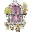 Embroidered design of a door opening to a balcony with a scenic summer view, perfect for travel enthusiasts.