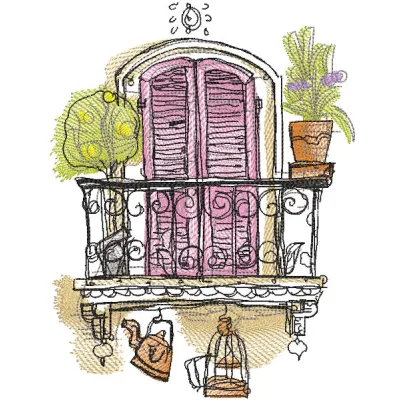 Embroidered design of a door opening to a balcony with a scenic summer view, perfect for travel enthusiasts.