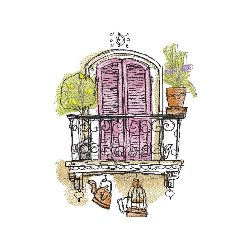 Embroidered design of a door opening to a balcony with a scenic summer view, perfect for travel enthusiasts.