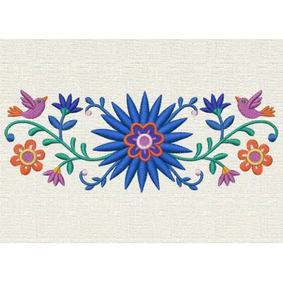 Colorful flowers and birds ornament embroidery design, showcasing intricate stitching and vibrant details for decoration.