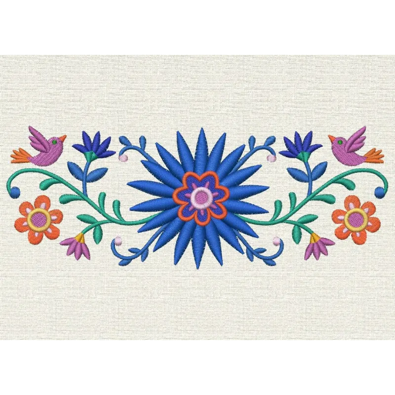 Colorful flowers and birds ornament embroidery design, showcasing intricate stitching and vibrant details for decoration.