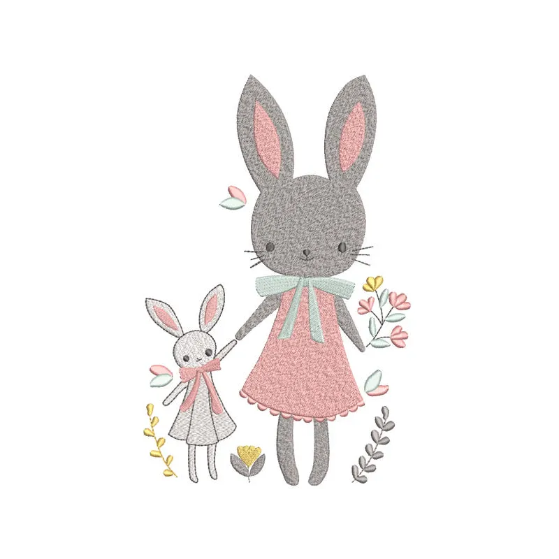 Easter bunny family embroidery design featuring adorable bunnies in pastel colors, perfect for holiday decor.