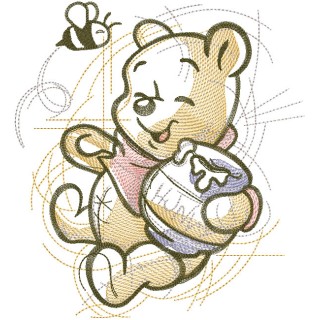 Funny pooh honey pot bee sketch embroidery design - Embroidery Design