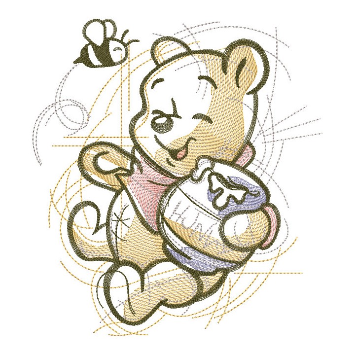 Funny pooh honey pot bee sketch embroidery design - Embroidery Design