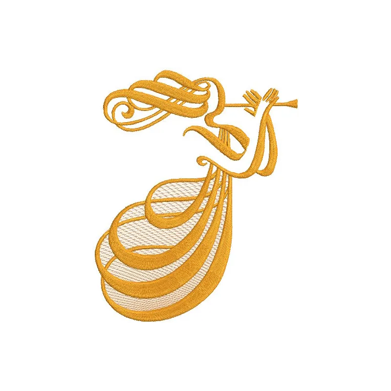 Golden angel with trumpet embroidery design featuring intricate details and vibrant colors on a fabric background.