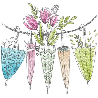 Summer drying umbrellas embroidery design featuring vibrant colors and intricate details on a light fabric background.