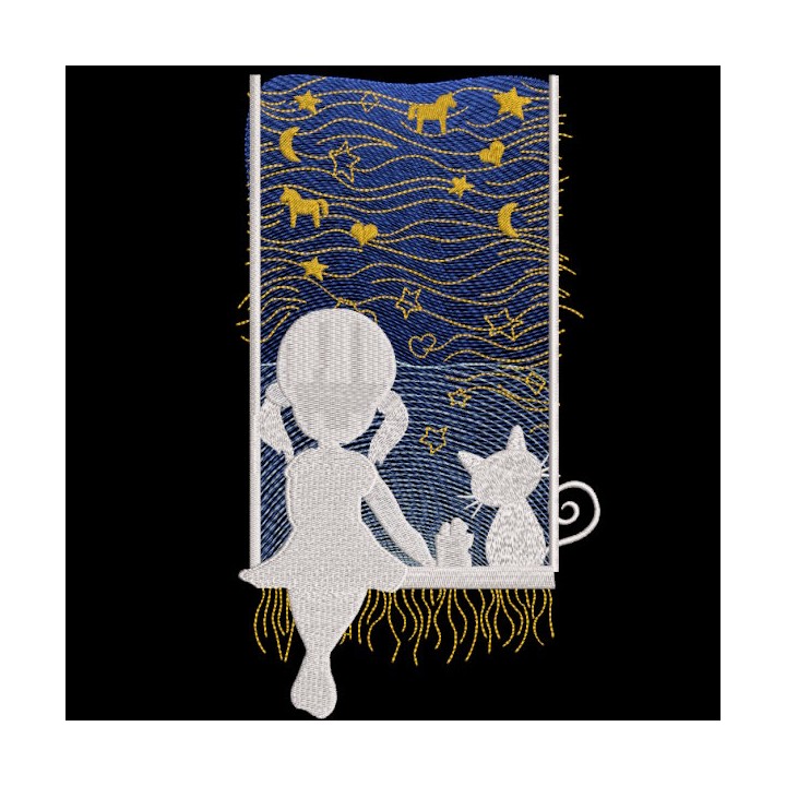 Night story for girl and cat embroidery design - Embroidery Design