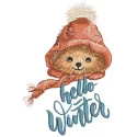 Vintage bear hello winter embroidery design featuring a cute bear in a winter setting with snowflakes and trees.