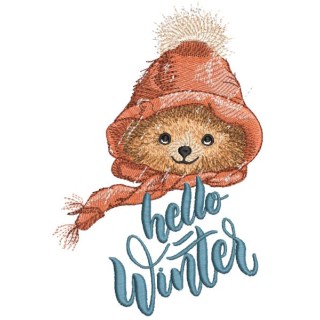 Vintage bear hello winter embroidery design - Embroidery Design