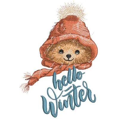 Vintage bear hello winter embroidery design featuring a cute bear in a winter setting with snowflakes and trees.