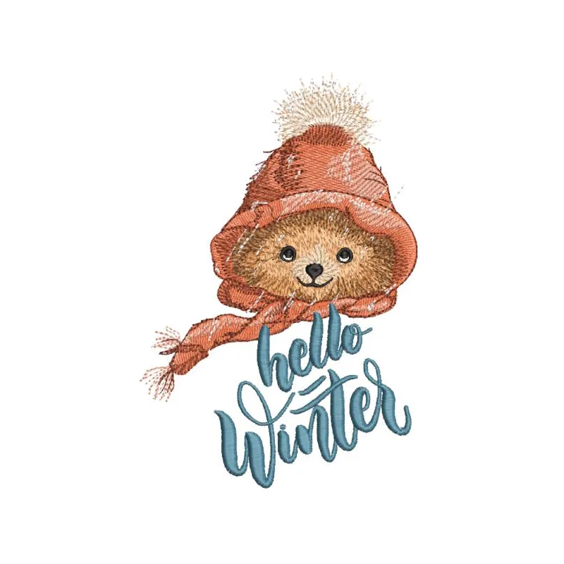 Vintage bear hello winter embroidery design featuring a cute bear in a winter setting with snowflakes and trees.