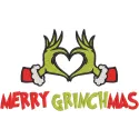 Merry Grinchmas heart embroidery design featuring Dr. Seuss's iconic Grinch character and festive colors.