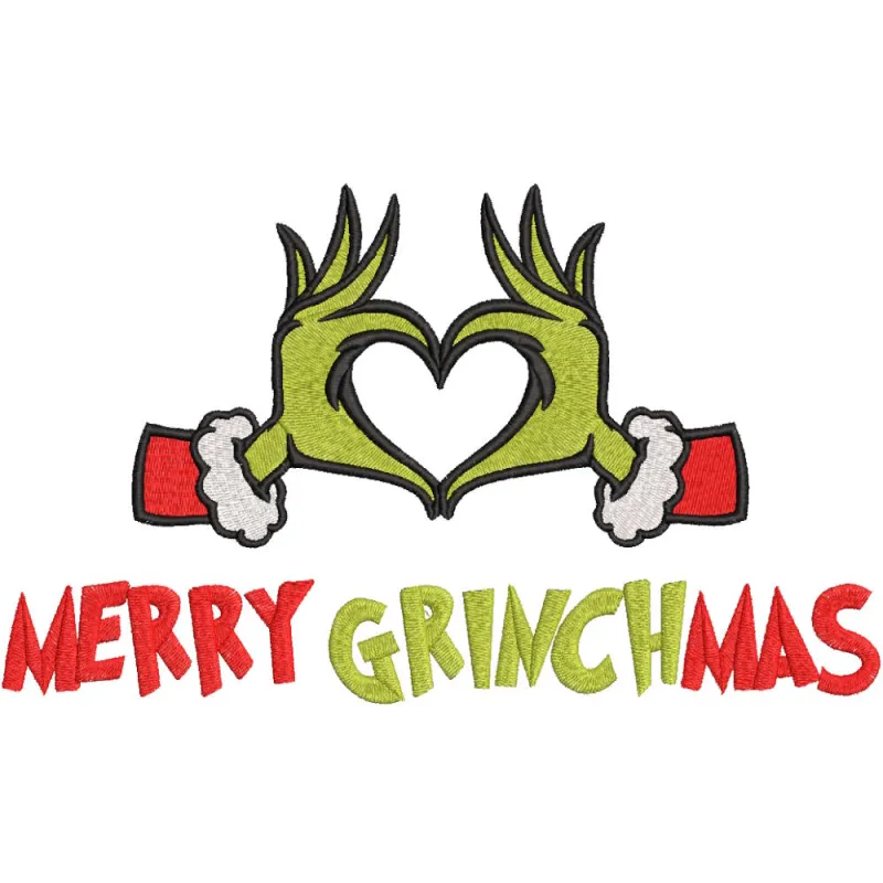 Merry Grinchmas heart embroidery design featuring Dr. Seuss's iconic Grinch character and festive colors.