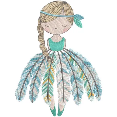 Native American ballerina embroidery design showcasing intricate stitching of a dancer in traditional attire.