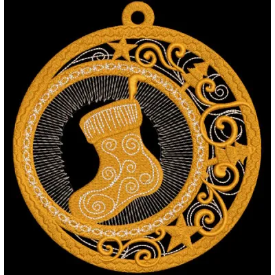 Gold ball Christmas sock embroidery design featuring intricate patterns and festive colors for a holiday-themed decor.