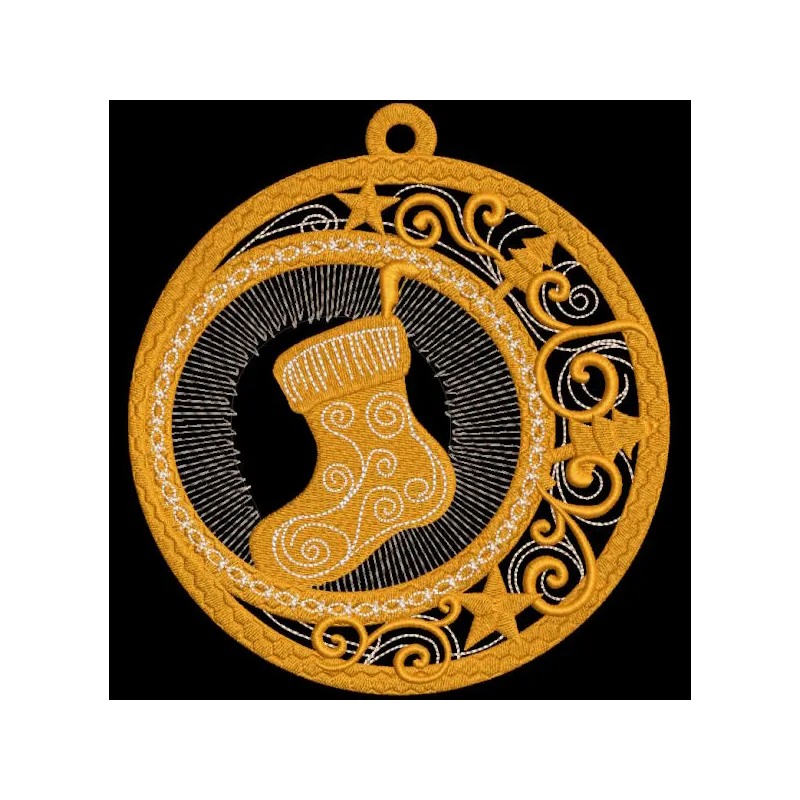Gold ball Christmas sock embroidery design featuring intricate patterns and festive colors for a holiday-themed decor.