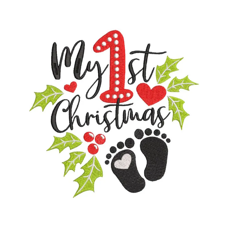 An embroidered design featuring 'My First Christmas' in festive colors, perfect for holiday decorations.