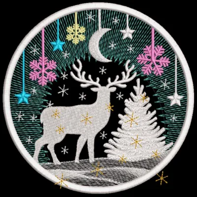 Christmas bright bal embroidery design featuring colorful threads and festive patterns on a plush toy.