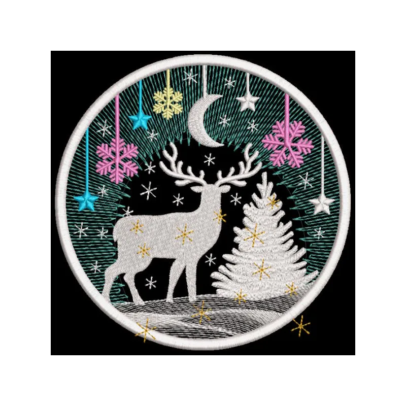 Christmas bright bal embroidery design featuring colorful threads and festive patterns on a plush toy.