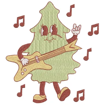 A detailed embroidery design featuring a singing Christmas tree, showcasing vibrant colors and intricate patterns.