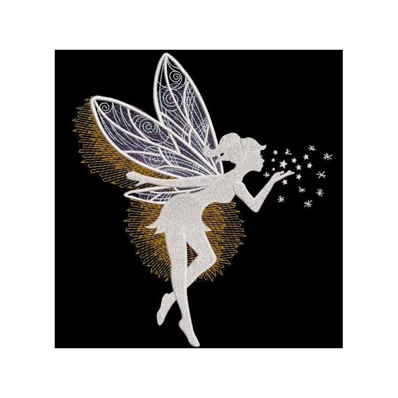 Colorful 'Fairy Magic Time for You' embroidery design featuring whimsical fairies and enchanting elements.