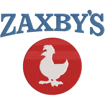 Zaxbys logo embroidery design featuring the brand's iconic colors and bold lettering on fabric.