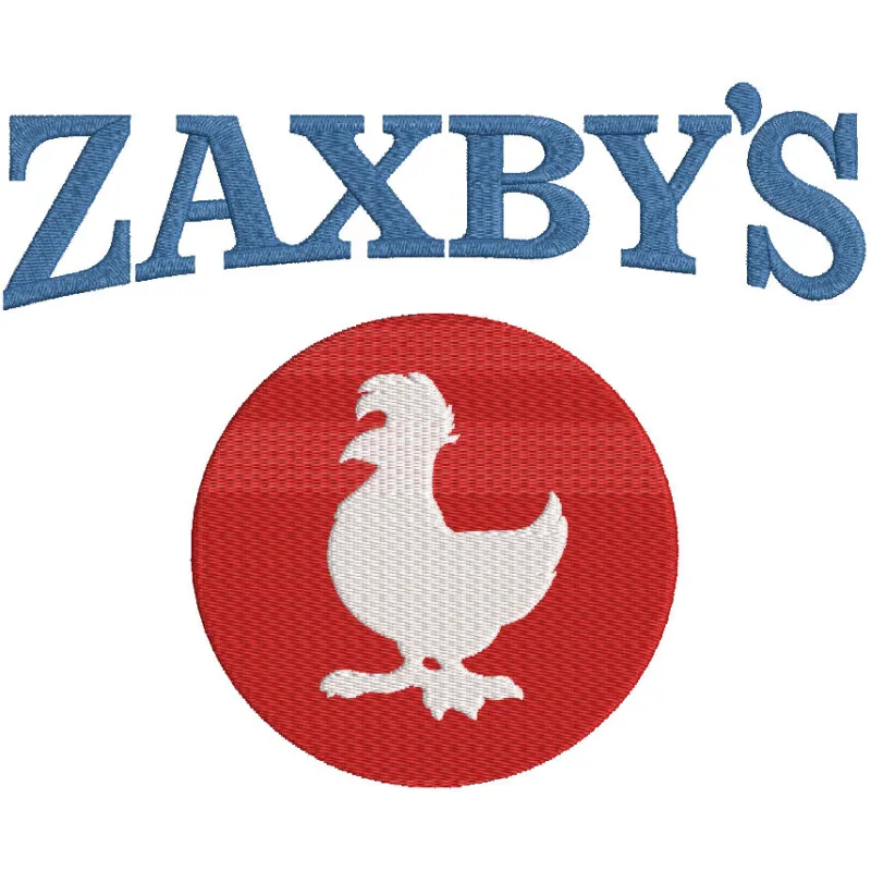 Zaxbys logo embroidery design featuring the brand's iconic colors and bold lettering on fabric.