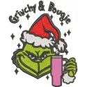 Grinch And Bougie embroidery design featuring the Grinch with stylish accessories, showcasing vibrant colors and intricate s…