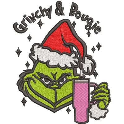 Grinch And Bougie embroidery design featuring the Grinch with stylish accessories, showcasing vibrant colors and intricate s…