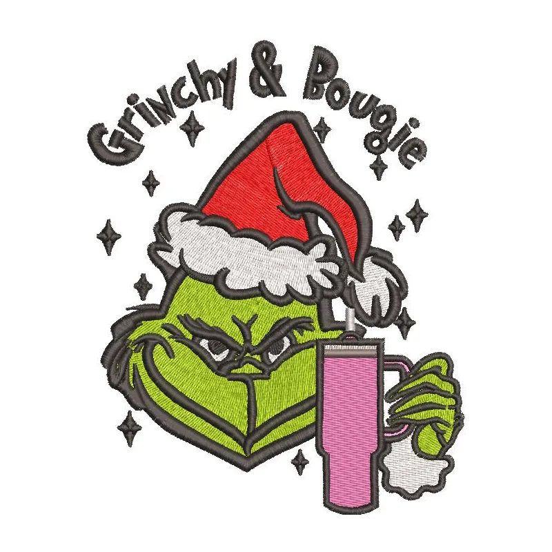 Grinch And Bougie embroidery design featuring the Grinch with stylish accessories, showcasing vibrant colors and intricate s…