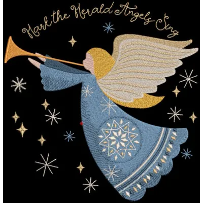 Hark the Herald Angels Sing embroidery design featuring intricate angel motifs and elegant typography.
