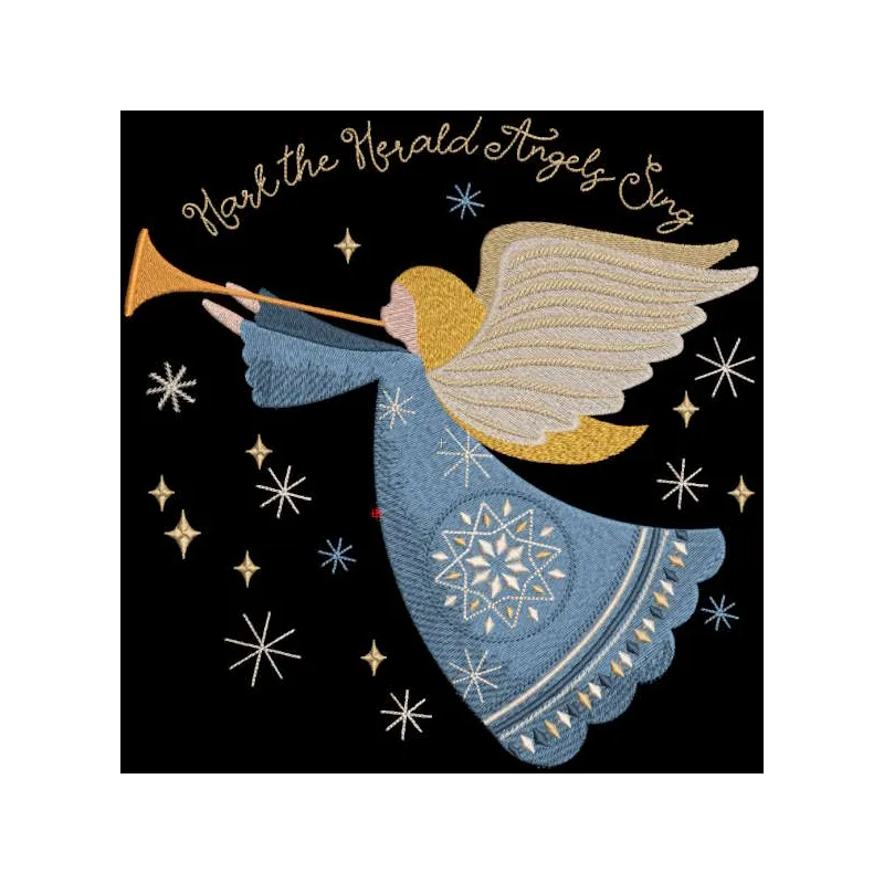 Hark the Herald Angels Sing embroidery design featuring intricate angel motifs and elegant typography.