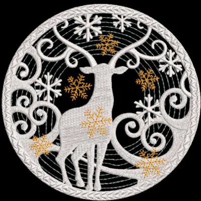 Embroidered design of a deer in a snowy forest, perfect for Christmas toy decoration, featuring intricate blizzard details.