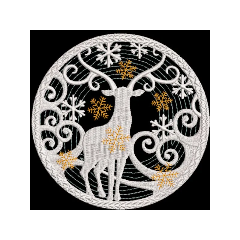 Embroidered design of a deer in a snowy forest, perfect for Christmas toy decoration, featuring intricate blizzard details.