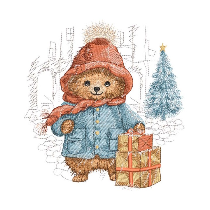 Vintage bear Christmas time embroidery design - Embroidery Design