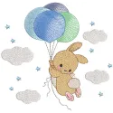 Embroidery design of a bunny flying on a colorful bunch of balloons, showcasing playful and whimsical elements.