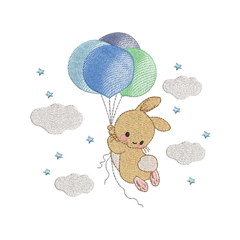 Embroidery design of a bunny flying on a colorful bunch of balloons, showcasing playful and whimsical elements.