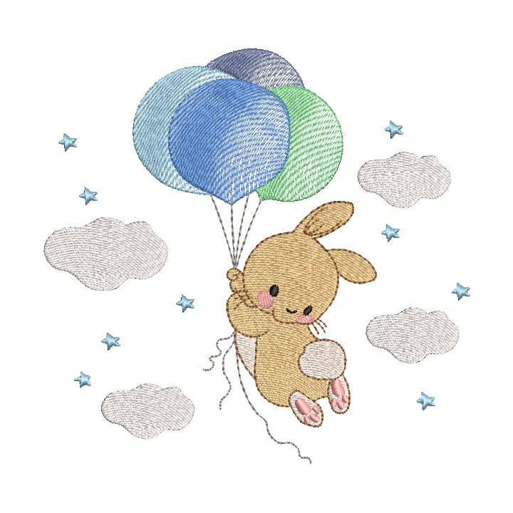 Bunny flying on bunch of balloons embroidery design - Embroidery Design