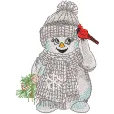 Snowman with cardinal embroidery design, featuring a cheerful snowman adorned with a red cardinal on its hat.